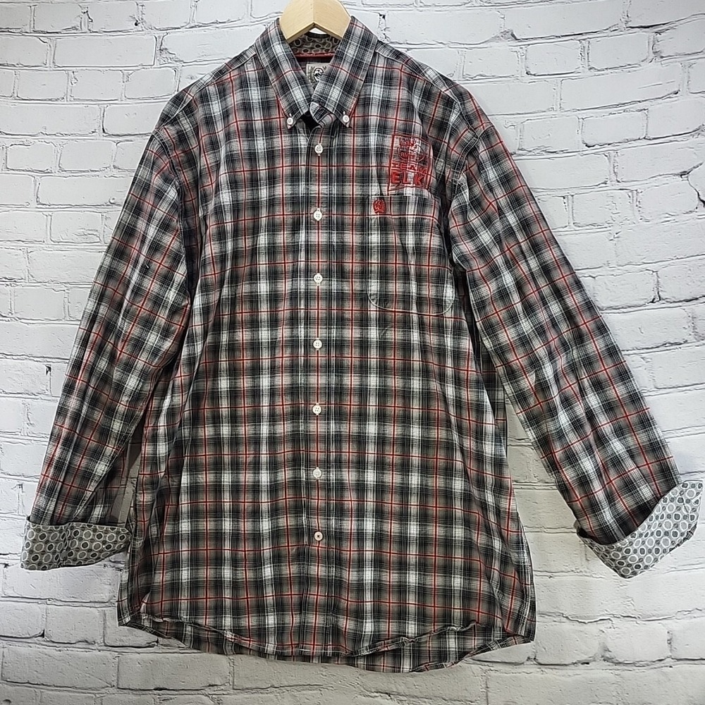 Cinch RMEF Team Elk Button Up Shirt Mens M Long Sleeve Plaid Flip Cuffs Western